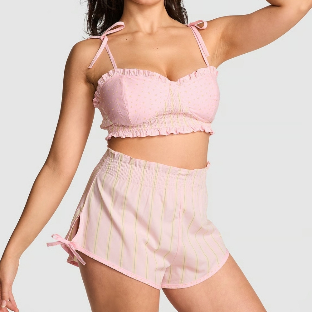 PINK Victoria's Secret Cotton Bralette & Ruffle Shorts Pajama Set.
